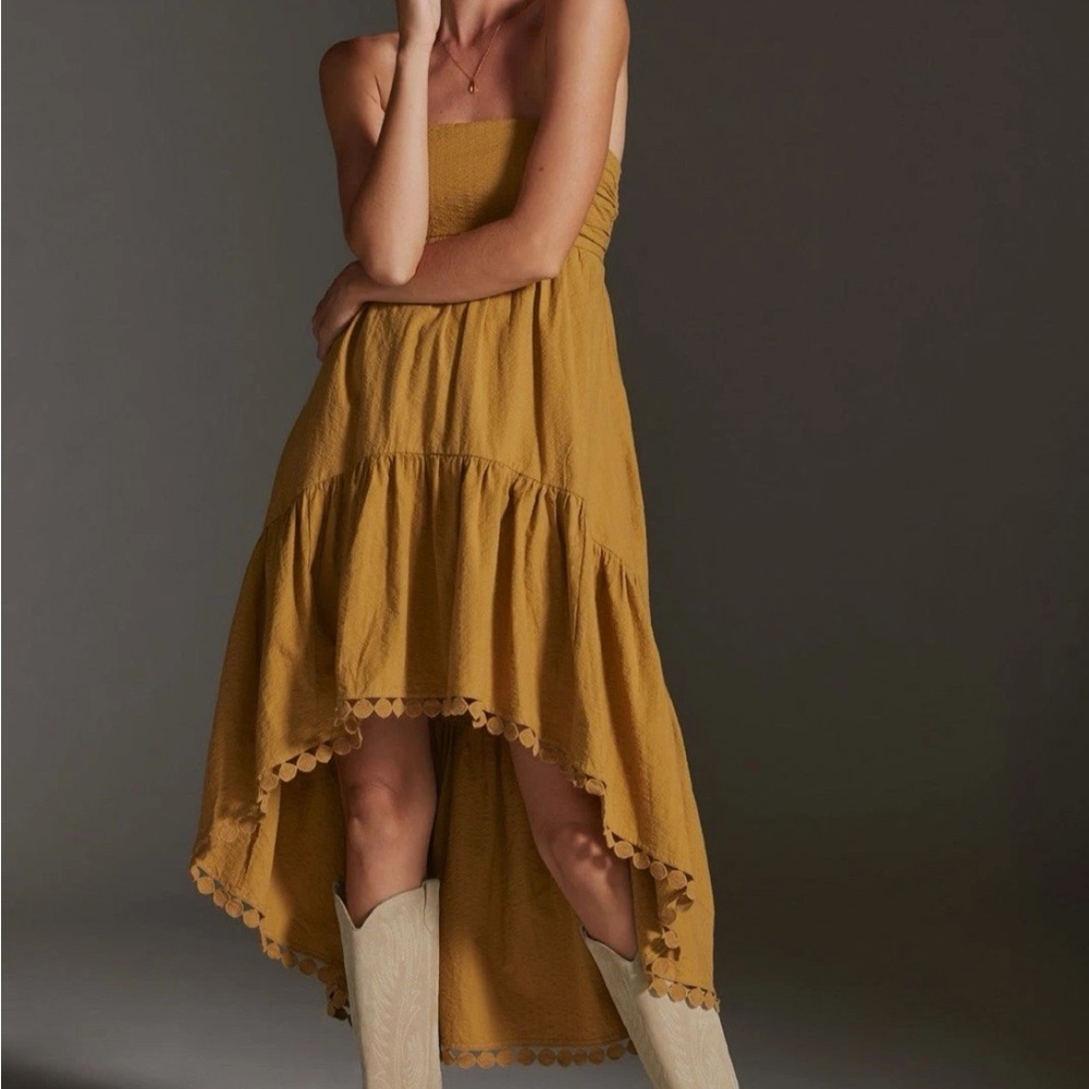 Anthropologie Maeve High-low Strapless Midi Dress, Color: Gold, Size: M